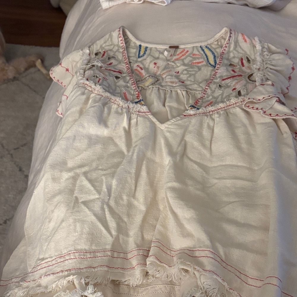 Free People Cream Blouse with Embroidered Accents